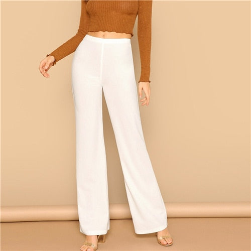 SHEIN White High Waist Straight Leg Pants Office Lady Elastic Waist Long Trousers 2019 Women Spring Plain Workwear Pants