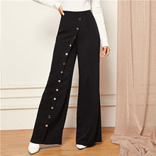 Load image into Gallery viewer, SHEIN Black Office Lady Snap Button Front Wide Leg Pants Full Length Solid Pants Women 2019 Spring Casual Workwear Trousers