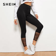 Load image into Gallery viewer, SHEIN Black Lace Contrast Solid Leggings Casual Plain Capris Highstreet Leggings Women 2019 Summer Streetwear Pants Trousers