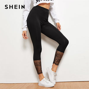 SHEIN Black Lace Contrast Solid Leggings Casual Plain Capris Highstreet Leggings Women 2019 Summer Streetwear Pants Trousers