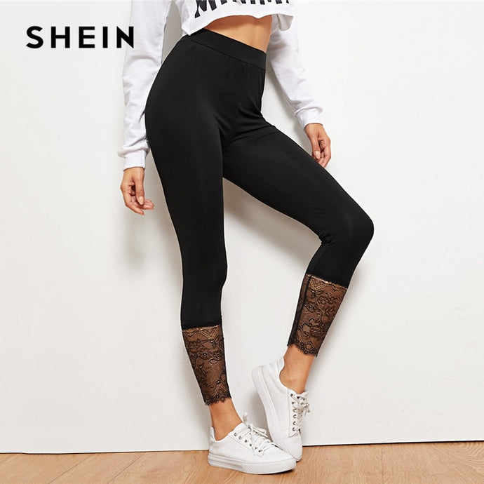 SHEIN Black Lace Contrast Solid Leggings Casual Plain Capris Highstreet Leggings Women 2019 Summer Streetwear Pants Trousers