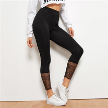 Load image into Gallery viewer, SHEIN Black Lace Contrast Solid Leggings Casual Plain Capris Highstreet Leggings Women 2019 Summer Streetwear Pants Trousers