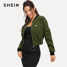 Load image into Gallery viewer, SHEIN Army Green O-Ring Zip Up Flap Pocket Stand Collar Crop Button Jacket Autumn Casual Modern Lady Women Coat Outerwear