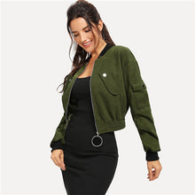 Load image into Gallery viewer, SHEIN Army Green O-Ring Zip Up Flap Pocket Stand Collar Crop Button Jacket Autumn Casual Modern Lady Women Coat Outerwear