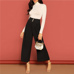 SHEIN Button Fly High Waist Wide Leg Pants Women Elegant OL Work 2019 Spring Loose Solid Minimalist Workwear Trousers