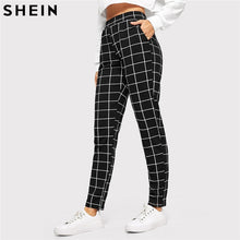 Load image into Gallery viewer, SHEIN Black Plaid Mid Waist Skinny Carrot Trousers Autumn Women Casual Slim Fit Vertical Women Pencil Streetwear Pants