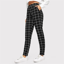 Load image into Gallery viewer, SHEIN Black Plaid Mid Waist Skinny Carrot Trousers Autumn Women Casual Slim Fit Vertical Women Pencil Streetwear Pants