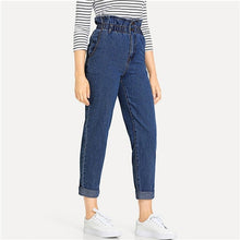 Load image into Gallery viewer, SHEIN Blue Rolled Hem Frill High Waist Jeans 3 Colors 2019 Women Spring Plain Pocket Zipper Elastic Waist Casual Pants Trousers