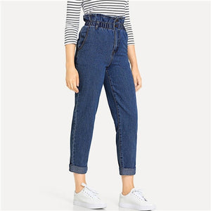 SHEIN Blue Rolled Hem Frill High Waist Jeans 3 Colors 2019 Women Spring Plain Pocket Zipper Elastic Waist Casual Pants Trousers