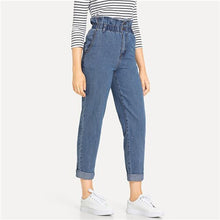 Load image into Gallery viewer, SHEIN Blue Rolled Hem Frill High Waist Jeans 3 Colors 2019 Women Spring Plain Pocket Zipper Elastic Waist Casual Pants Trousers