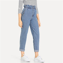 Load image into Gallery viewer, SHEIN Blue Rolled Hem Frill High Waist Jeans 3 Colors 2019 Women Spring Plain Pocket Zipper Elastic Waist Casual Pants Trousers