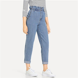 SHEIN Blue Rolled Hem Frill High Waist Jeans 3 Colors 2019 Women Spring Plain Pocket Zipper Elastic Waist Casual Pants Trousers