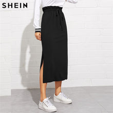 Load image into Gallery viewer, SHEIN Black Paperbag Waist Split Side Skirt Autumn  Casual Workwear Women Maxi Skirt High Waist Belted Split Hem Midi Skirt