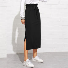 Load image into Gallery viewer, SHEIN Black Paperbag Waist Split Side Skirt Autumn  Casual Workwear Women Maxi Skirt High Waist Belted Split Hem Midi Skirt