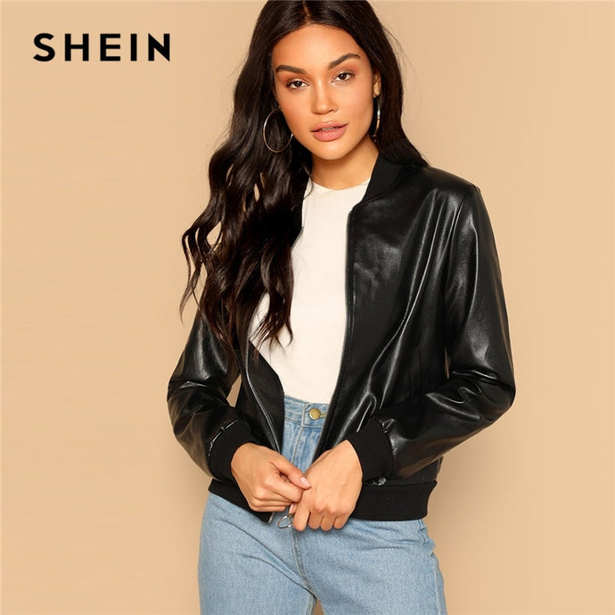 SHEIN Black Zip Up Faux Leather Bomber Jacket Casual Stand Collar Pocket Plain Outerwear 2019 Women Streetwear Going Out Coats
