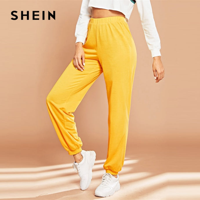 SHEIN Yellow Elastic Waist Solid Loose Tapered Carrot Pants 2019 Spring Women Modern Lady Elegant Tapered/Carrot Pants