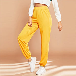 SHEIN Yellow Elastic Waist Solid Loose Tapered Carrot Pants 2019 Spring Women Modern Lady Elegant Tapered/Carrot Pants