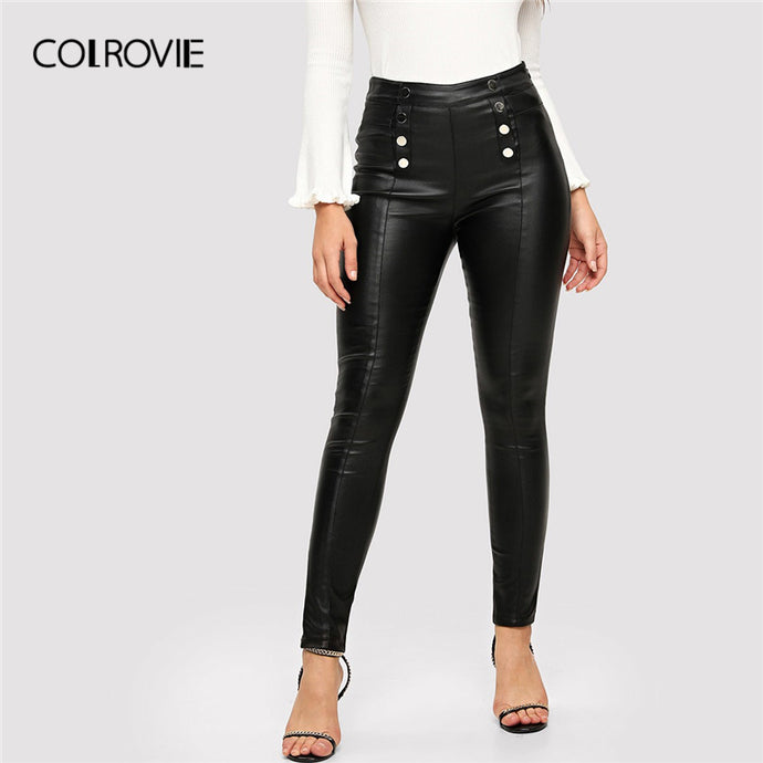 COLROVIE Black Double Breasted Skinny Casual Leggings Women 2019 Spring Streetwear Fashion Elastic Waist Pants Ladies Trousers