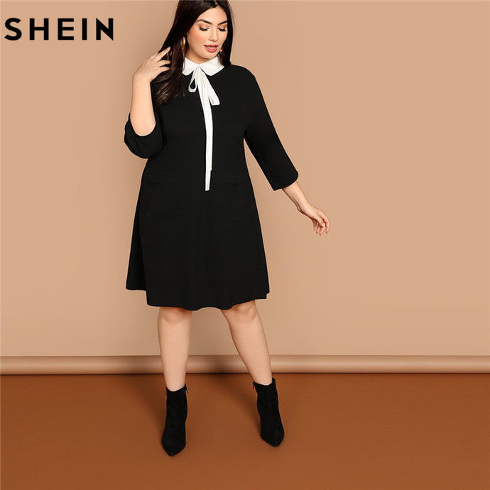 SHEIN Plus Size Tie Neck Peter Pan Collar Preppy Style Women Black Straight Dress 2019 Spring Three Quarter Sleeve Dresses