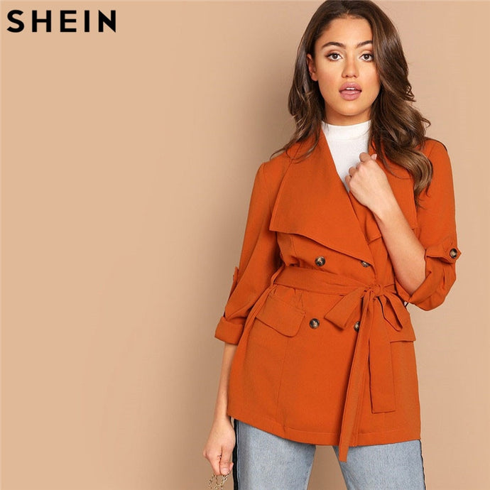SHEIN Orange Roll Up Sleeve Double Breasted Coat With Belt Solid Waterfall Collar Casual Women Coats Office Lady Outerwear