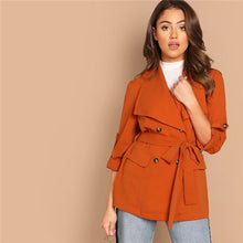 Load image into Gallery viewer, SHEIN Orange Roll Up Sleeve Double Breasted Coat With Belt Solid Waterfall Collar Casual Women Coats Office Lady Outerwear