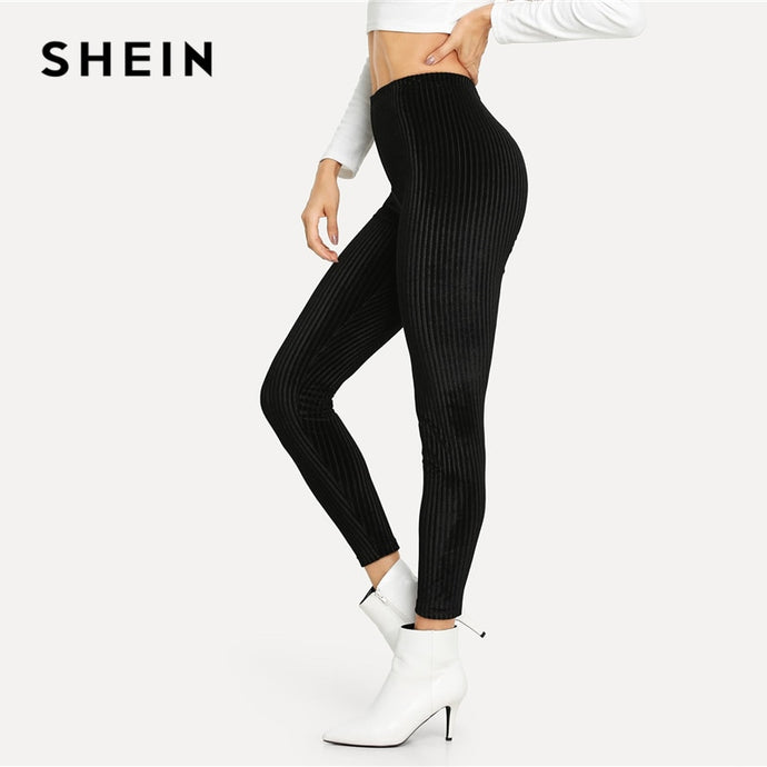 SHEIN Black Casual Solid Velvet Ribbed Plain High Waist Crop Slim Streetwear Leggings Women Autumn Leisure Modern Lady Leggings