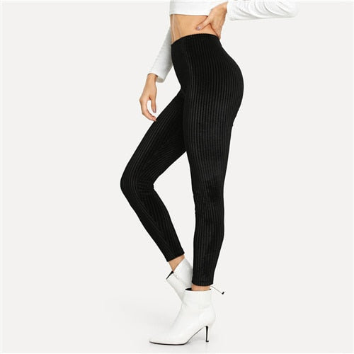 SHEIN Black Casual Solid Velvet Ribbed Plain High Waist Crop Slim Streetwear Leggings Women Autumn Leisure Modern Lady Leggings