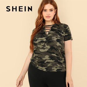 SHEIN Casual Plus Strappy Neck Camo V neck Short Sleeve T-shirt 2018 Mock Neck Stretchy Autumn T-shirt