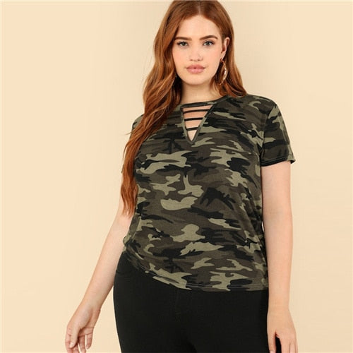 SHEIN Casual Plus Strappy Neck Camo V neck Short Sleeve T-shirt 2018 Mock Neck Stretchy Autumn T-shirt