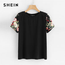 Load image into Gallery viewer, SHEIN Black Floral Print Sleeve Women Casual Tee O-neck Short Sleeve Tops Summer 2019 Weekend Casual T Shirts Female Clothes