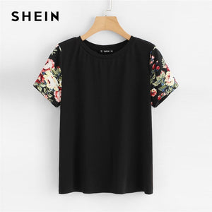 SHEIN Black Floral Print Sleeve Women Casual Tee O-neck Short Sleeve Tops Summer 2019 Weekend Casual T Shirts Female Clothes