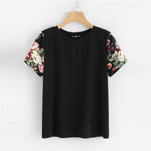 Load image into Gallery viewer, SHEIN Black Floral Print Sleeve Women Casual Tee O-neck Short Sleeve Tops Summer 2019 Weekend Casual T Shirts Female Clothes