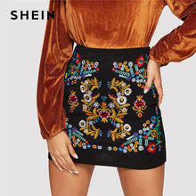 Load image into Gallery viewer, SHEIN Black Botanical Embroidered Textured Skirt Casual Zipper Night Out Mini Skirts Women Spring Elegant Workwear Skirt