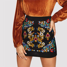 Load image into Gallery viewer, SHEIN Black Botanical Embroidered Textured Skirt Casual Zipper Night Out Mini Skirts Women Spring Elegant Workwear Skirt