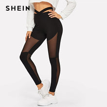 Load image into Gallery viewer, SHEIN Black Criss Cross Contrast Mesh Sheer Solid Crop Plain Leggings Women 2019 Spring Highstreet Streetwear Leggings