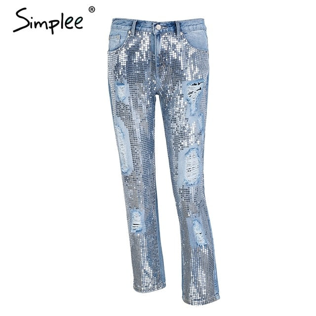 Simplee Sequin hole blue jeans women bottom Streetwear zipper fringe ripped jeans pants 2019 Spring trousers loose female denim