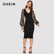 Load image into Gallery viewer, SHEIN Black Elegant 3D Applique Mesh Long Sleeve Scallop Hem Fitted Pencil Dress Women 2019 Summer V-Neck Solid Bodycon Dresses