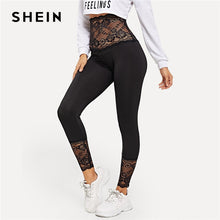 Load image into Gallery viewer, SHEIN Black Solid Contrast Lace Sheer Leggings Women Athleisure 2019 Spring Stretchy Trousers Basic Active Wear Leggings