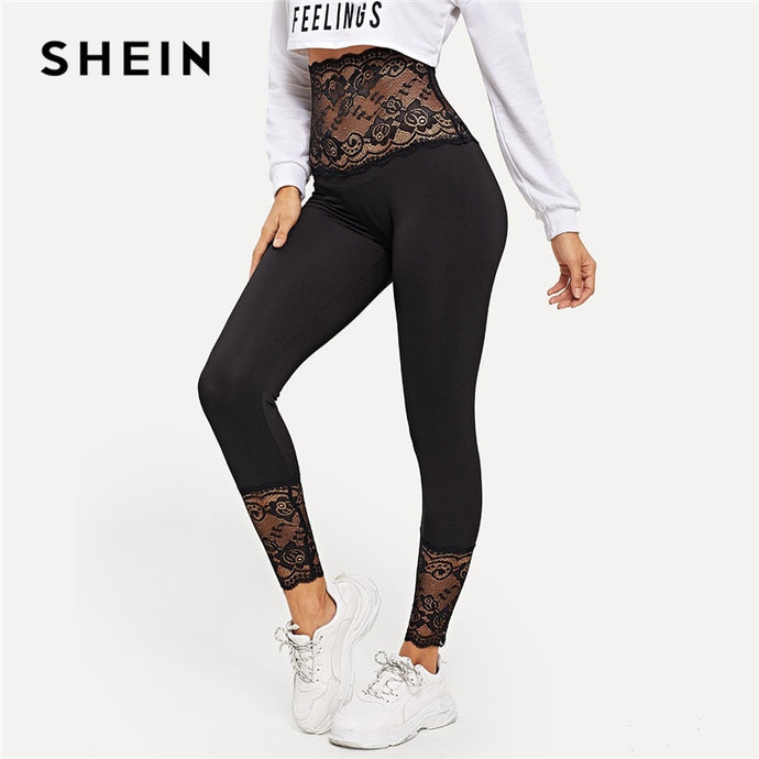 SHEIN Black Solid Contrast Lace Sheer Leggings Women Athleisure 2019 Spring Stretchy Trousers Basic Active Wear Leggings