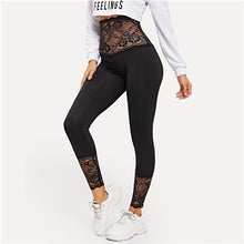 Load image into Gallery viewer, SHEIN Black Solid Contrast Lace Sheer Leggings Women Athleisure 2019 Spring Stretchy Trousers Basic Active Wear Leggings