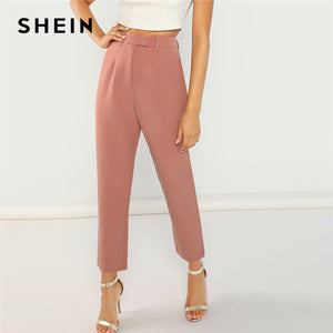 SHEIN Pink High Waist Solid Peg Leg Zipper Fly Pants Women Crop Pencil Trousers Office Lady Spring Workwear Carrot Pants