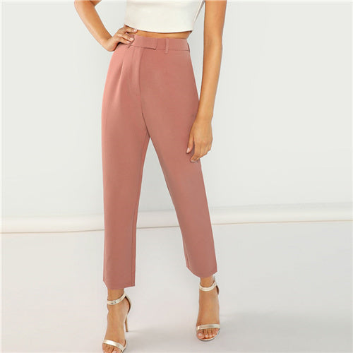 SHEIN Pink High Waist Solid Peg Leg Zipper Fly Pants Women Crop Pencil Trousers Office Lady Spring Workwear Carrot Pants