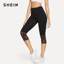 Load image into Gallery viewer, SHEIN Eyelash Lace Trim Short Bodybuilding Black Leggings Mid Waist Casual Summer Spring Soild Women Fitness Leggings Pants