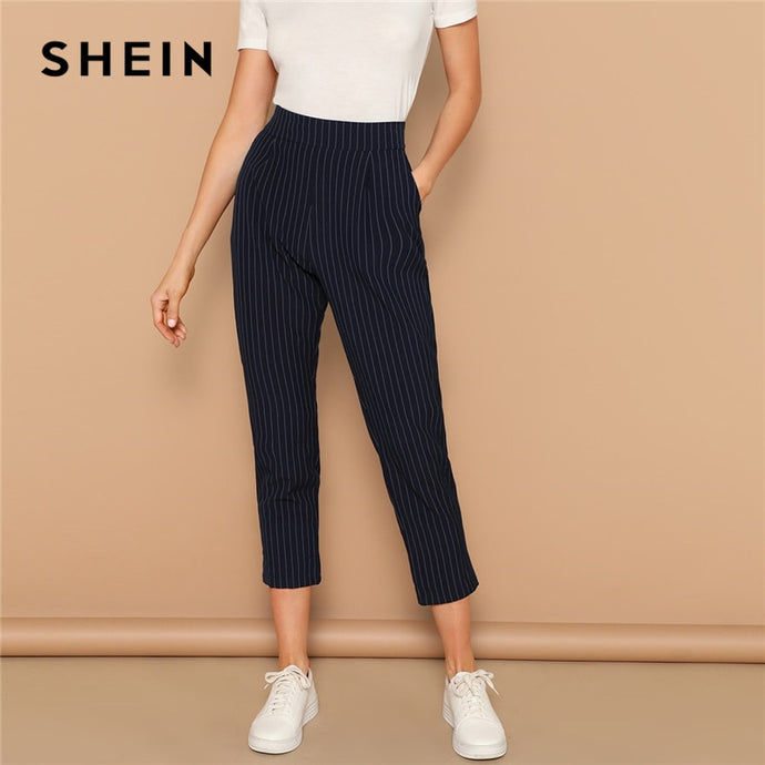 SHEIN Navy Vertical-stripe Peg Leg Pants Women Crop Trousers Office Lady 2019 Spring Office Lady Casual Workwear Pencil Pants