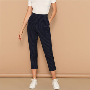 SHEIN Navy Vertical-stripe Peg Leg Pants Women Crop Trousers Office Lady 2019 Spring Office Lady Casual Workwear Pencil Pants