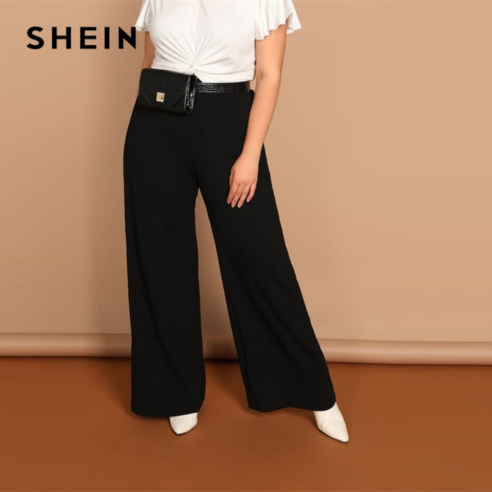 SHEIN Black Plus Size Plain Loose Wide Leg Long Pants Women Office Lady Minimalist 2019 Spring Fashion Solid Trousers