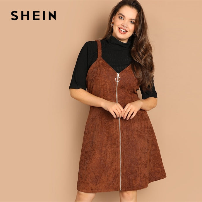 SHEIN Plus Size O-ring Zip Front Corduroy Pinafore Fit And Flare Spaghetti Strap Dress 2019 New Spring Knee Length Dresses