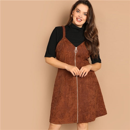 SHEIN Plus Size O-ring Zip Front Corduroy Pinafore Fit And Flare Spaghetti Strap Dress 2019 New Spring Knee Length Dresses