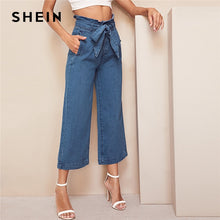 Load image into Gallery viewer, SHEIN Blue High Waist Wide Leg Belted Crop Jeans Women Spring Casual Elegant Denim Trousers Workwear Solid Straight Pants Jeans