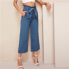 Load image into Gallery viewer, SHEIN Blue High Waist Wide Leg Belted Crop Jeans Women Spring Casual Elegant Denim Trousers Workwear Solid Straight Pants Jeans